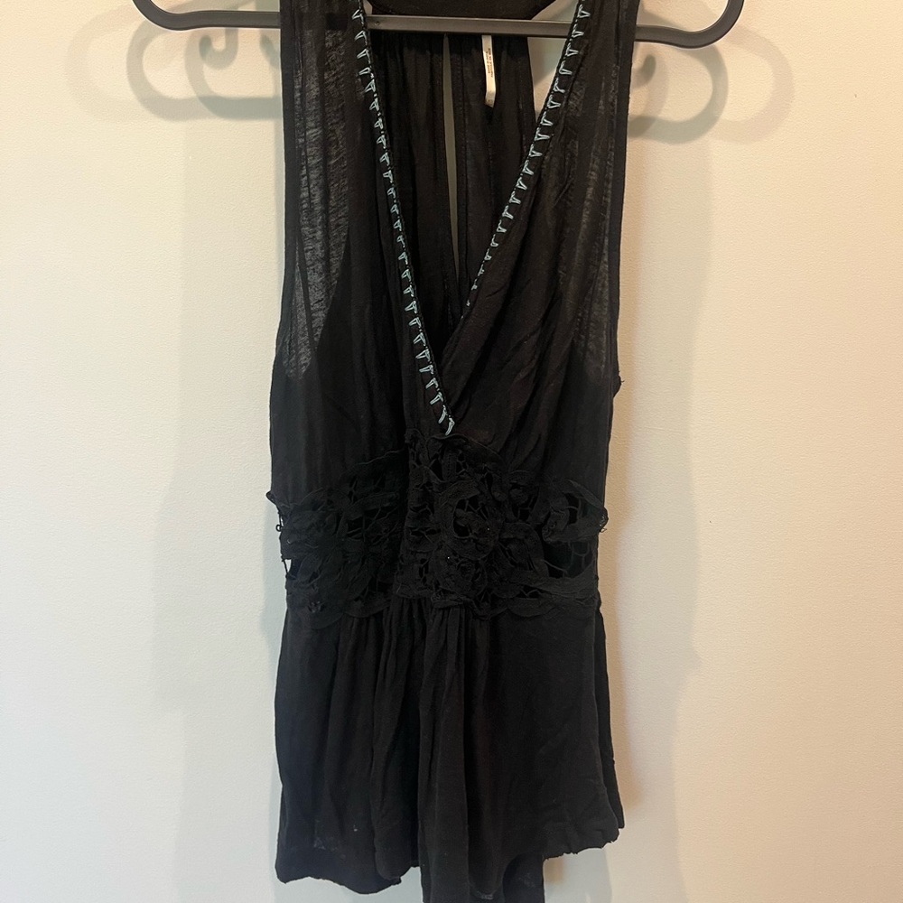 Free People Black Deep V Crochet Tank - XS